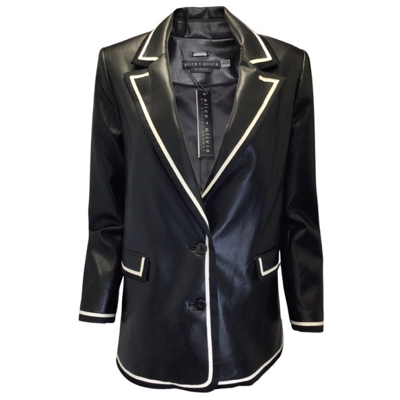 ALICE + OLIVIA ELNA BLACK / ECRU CONTRAST TRIM VEGAN LEATHER JACKET